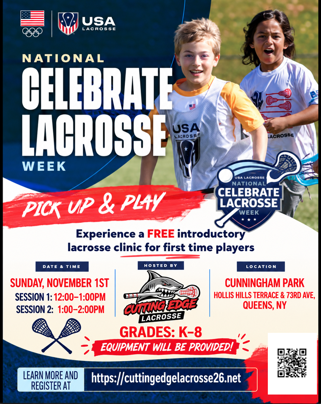 USA Lacrosse National Celebrate Lacrosse Week — Pick Up & Play free clinic hosted by Cutting Edge Lacrosse, Sunday November 1st 12–1PM at Cunningham Park, Queens NY, Grades K–8