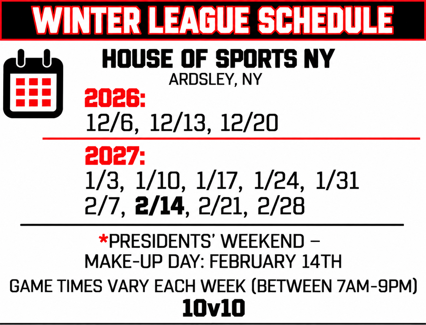 Winter League Schedule — House of Sports NY, Ardsley NY